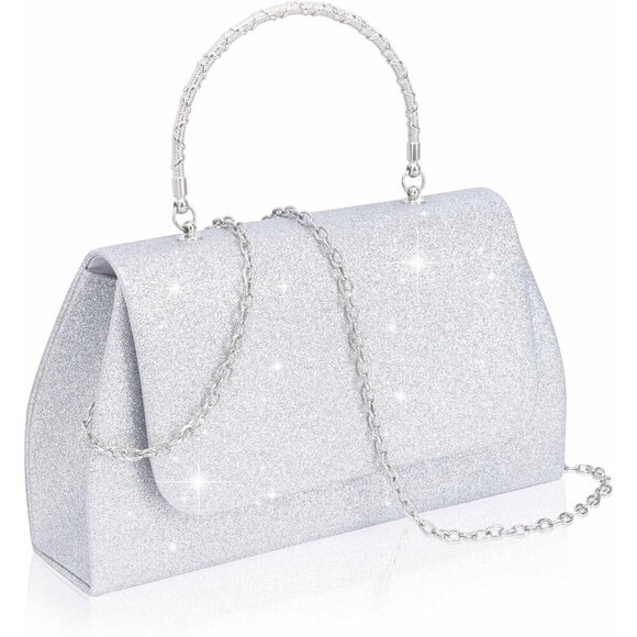 🆕Women’s Silver Glitter Evening Handbag Top Handle Purse w/ Chain Crossbody Bag - Picture 1 of 7